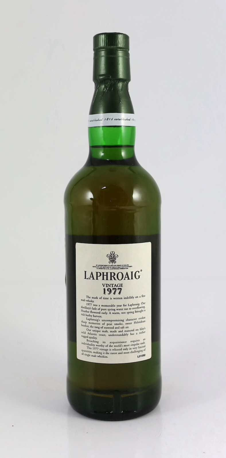 A boxed bottle of Laphroaig Vintage 1977 Islay Single Malt Scotch Whisky, 75cl. Single Malt., 43% volume